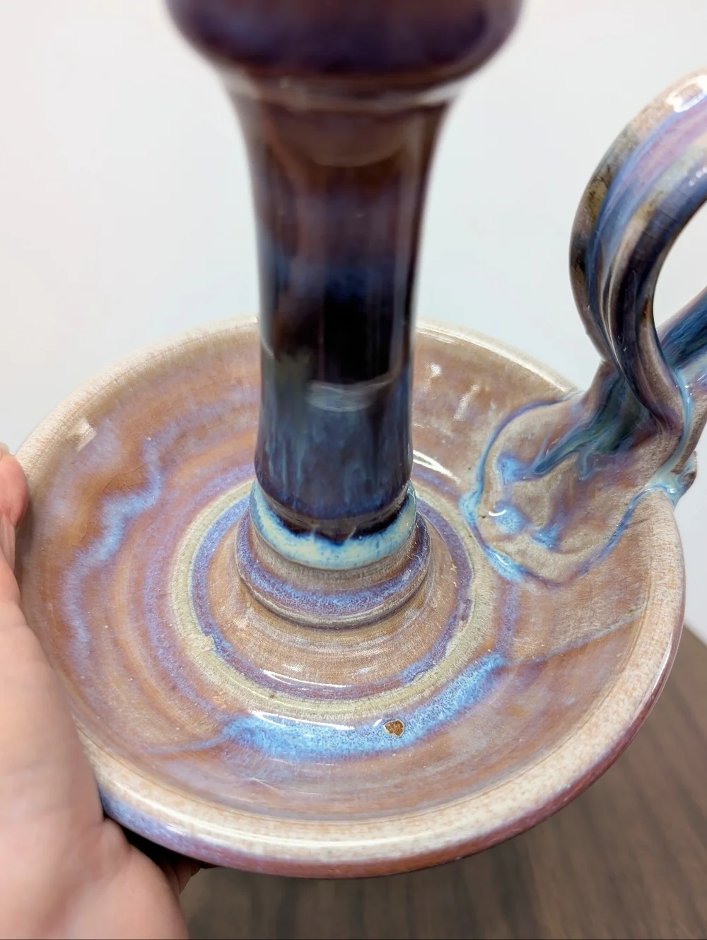 Light Purple, Blue, Tan Handmade Studio Pottery Ceramic Chamber Candle Holder